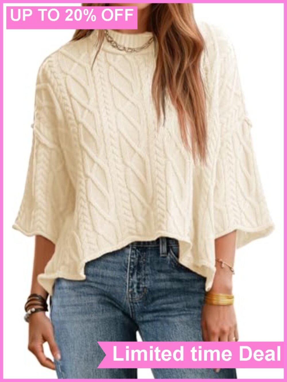 Cable Knit Cropped Oversized Sweater 3/4 Sleeve Pullover Women